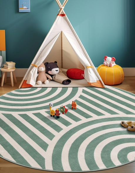 Soft Green 3' 1 x 3' 1 Whimsy Kids Round Area Rug for Baby Nursery, Toddler Playroom,  Bedrooms Playful Fun Design Easy Clean Carpet for Sale at Rug Engine