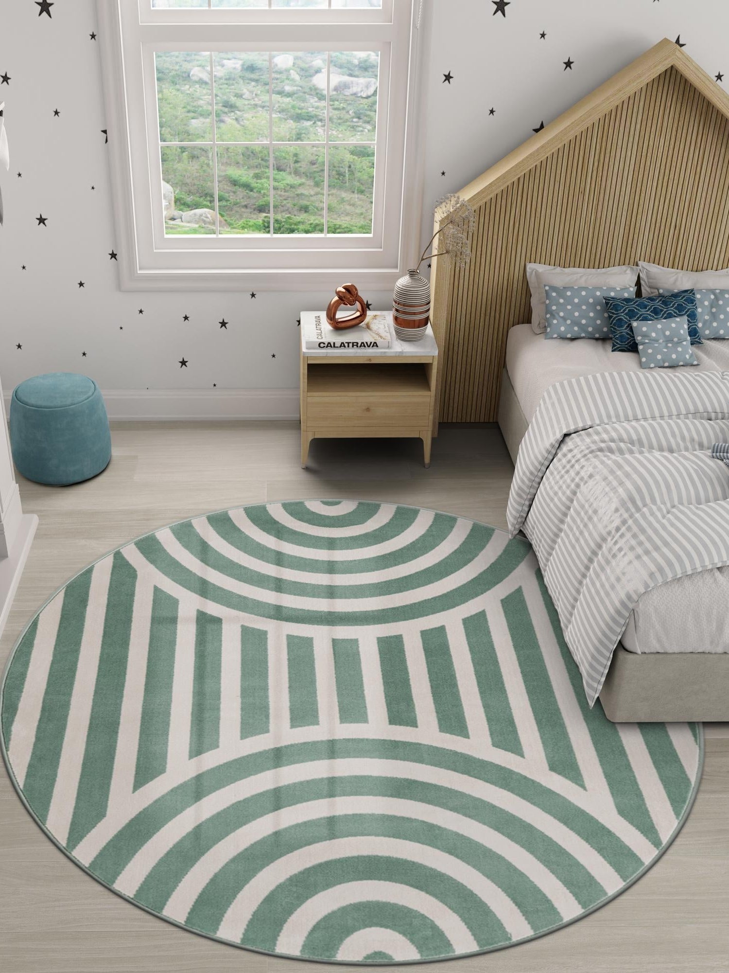 Soft Green 5' 3 x 5' 3 Whimsy Kids Round Area Rug for Baby Nursery, Toddler Playroom, Bedrooms