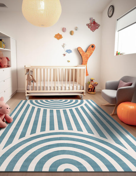 Sky blue 5' 3 x 8' Whimsy Kids Rectangle Area Rug for Baby Nursery, Toddler Playroom,  Bedrooms Playful Fun Design Easy Clean Carpet for Sale at Rug Engine