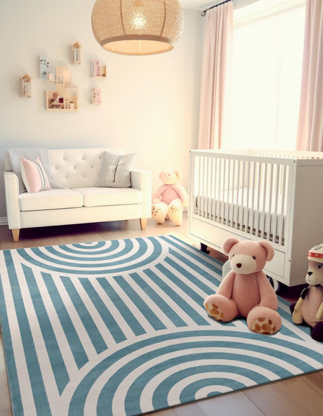 Sky blue 5' 3 x 8' Whimsy Kids Rectangle Area Rug for Baby Nursery, Toddler Playroom,  Bedrooms Playful Fun Design Easy Clean Carpet for Sale at Rug Engine