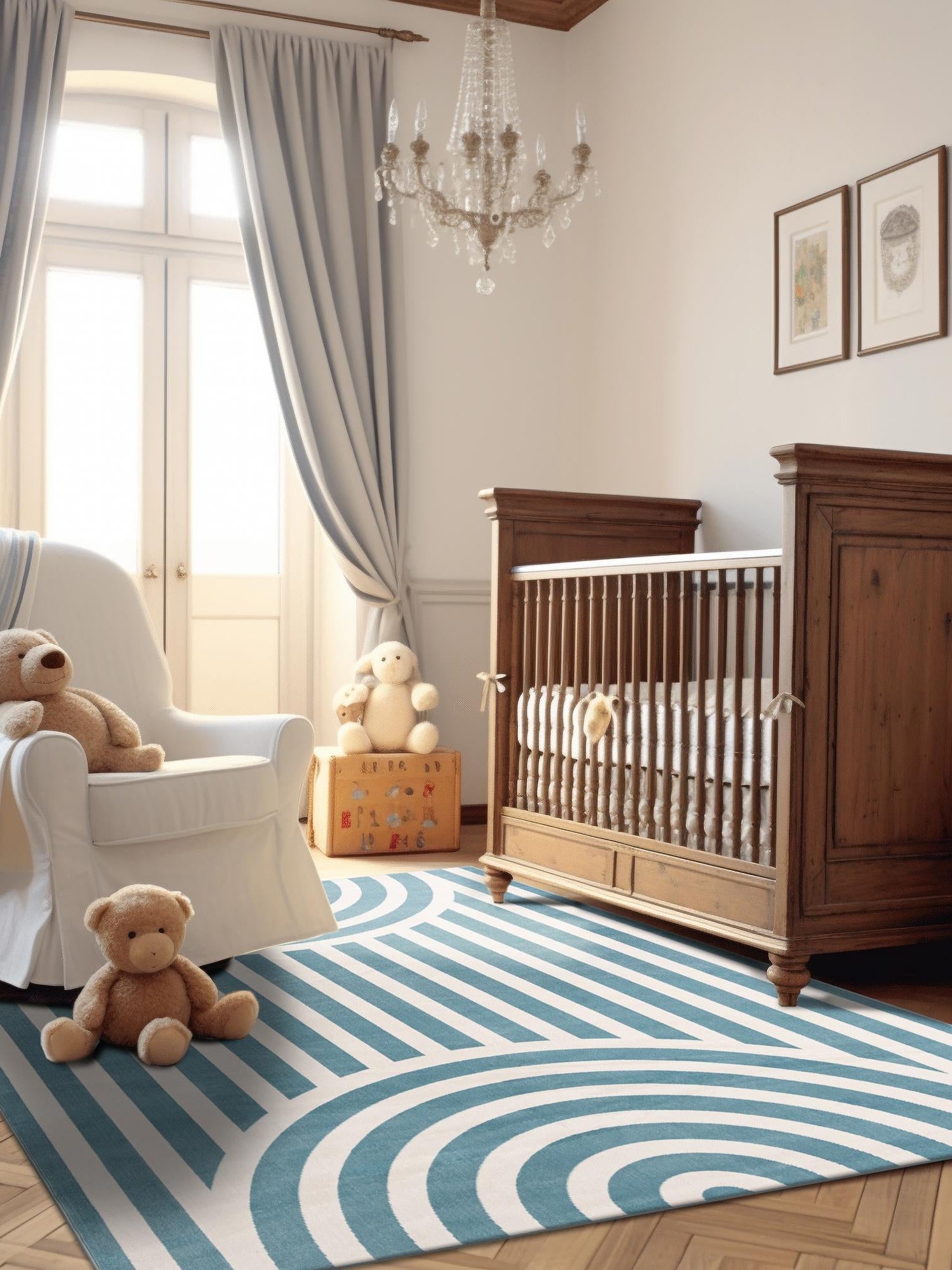 Sky blue 5' 3 x 8' Whimsy Kids Rectangle Area Rug for Baby Nursery, Toddler Playroom, Bedrooms