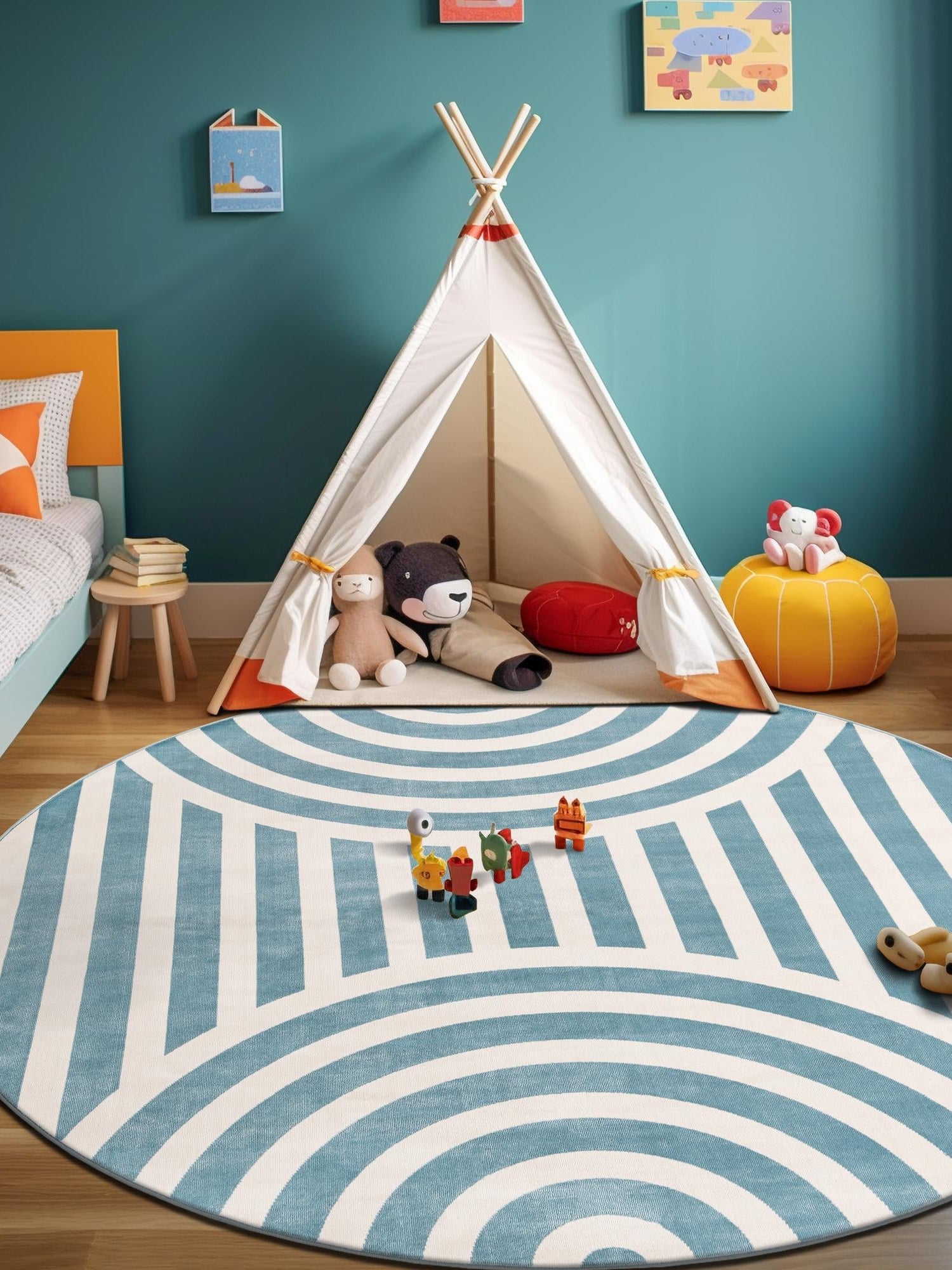 Sky blue 4' 1 x 4' 1 Whimsy Kids Round Area Rug for Baby Nursery, Toddler Playroom,  Bedrooms Playful Fun Design Easy Clean Carpet for Sale at Rug Engine