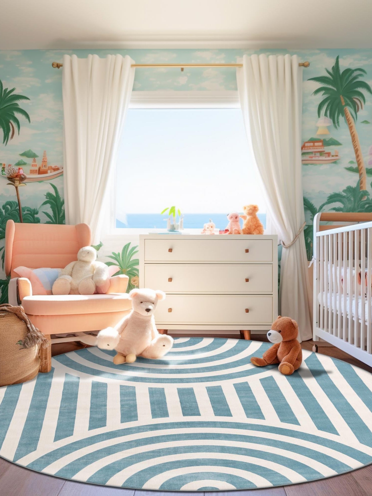 Sky blue 3' 1 x 3' 1 Whimsy Kids Round Area Rug for Baby Nursery, Toddler Playroom, Bedrooms