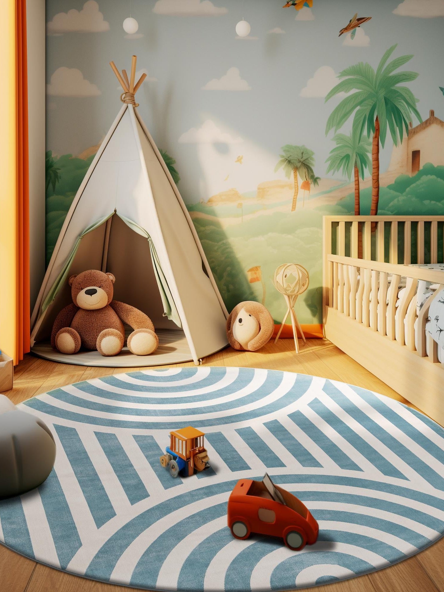 Sky blue 5' 3 x 5' 3 Whimsy Kids Round Area Rug for Baby Nursery, Toddler Playroom,  Bedrooms Playful Fun Design Easy Clean Carpet for Sale at Rug Engine