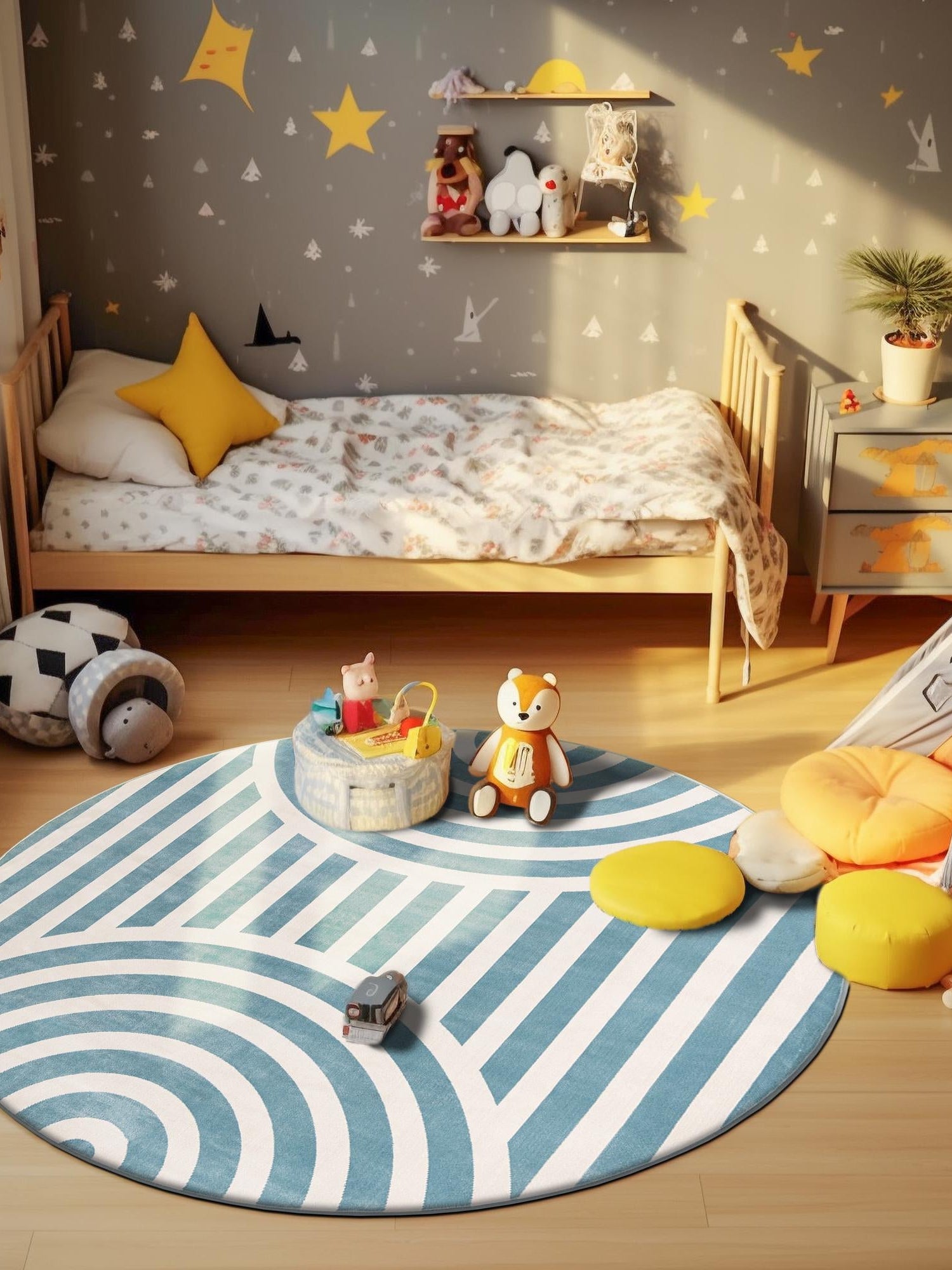 Sky blue 5' 3 x 5' 3 Whimsy Kids Round Area Rug for Baby Nursery, Toddler Playroom,  Bedrooms Playful Fun Design Easy Clean Carpet for Sale at Rug Engine