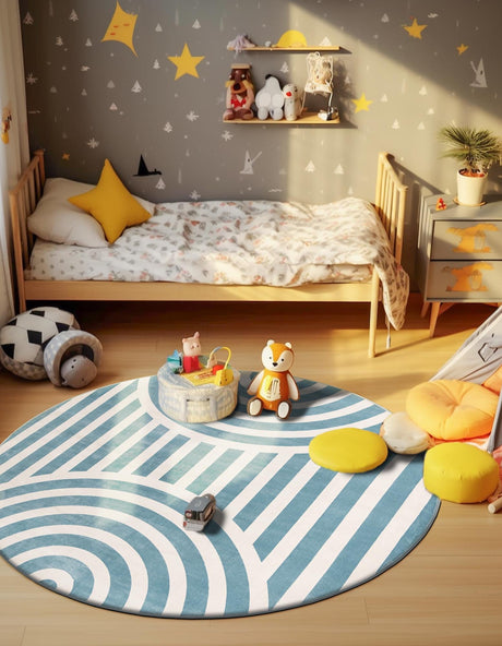 Sky blue 3' 1 x 3' 1 Whimsy Kids Round Area Rug for Baby Nursery, Toddler Playroom,  Bedrooms Playful Fun Design Easy Clean Carpet for Sale at Rug Engine