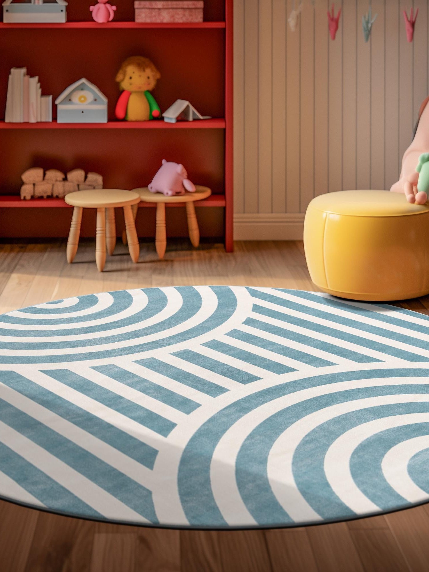 Sky blue 5' 3 x 5' 3 Whimsy Kids Round Area Rug for Baby Nursery, Toddler Playroom,  Bedrooms Playful Fun Design Easy Clean Carpet for Sale at Rug Engine