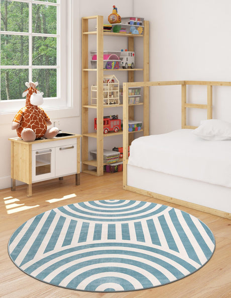 Sky blue 3' 1 x 3' 1 Whimsy Kids Round Area Rug for Baby Nursery, Toddler Playroom,  Bedrooms Playful Fun Design Easy Clean Carpet for Sale at Rug Engine