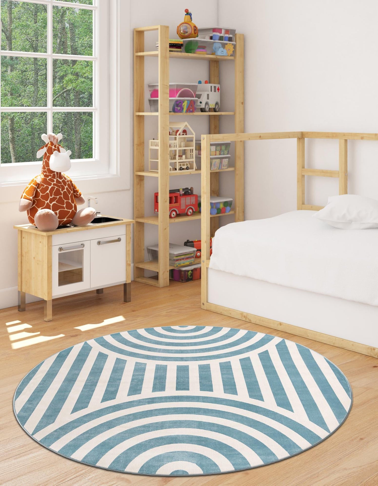 Sky blue 4' 1 x 4' 1 Whimsy Kids Round Area Rug for Baby Nursery, Toddler Playroom,  Bedrooms Playful Fun Design Easy Clean Carpet for Sale at Rug Engine