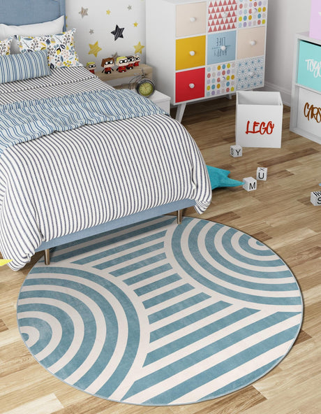 Sky blue 7' 10 x 7' 10 Whimsy Kids Round Area Rug for Baby Nursery, Toddler Playroom,  Bedrooms Playful Fun Design Easy Clean Carpet for Sale at Rug Engine