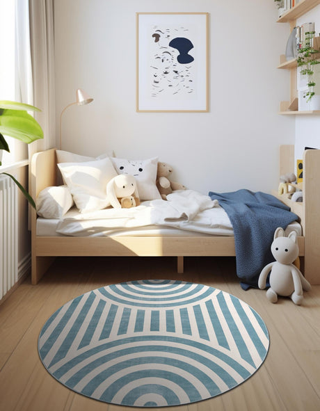 Sky blue 7' 10 x 7' 10 Whimsy Kids Round Area Rug for Baby Nursery, Toddler Playroom,  Bedrooms Playful Fun Design Easy Clean Carpet for Sale at Rug Engine