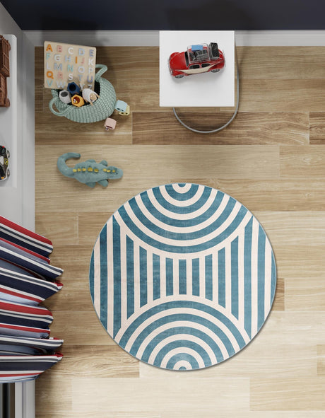 Sky blue 7' 10 x 7' 10 Whimsy Kids Round Area Rug for Baby Nursery, Toddler Playroom,  Bedrooms Playful Fun Design Easy Clean Carpet for Sale at Rug Engine