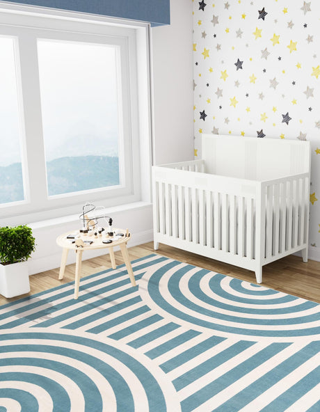 Sky blue 7' 10 x 7' 10 Whimsy Kids Square Area Rug for Baby Nursery, Toddler Playroom,  Bedrooms Playful Fun Design Easy Clean Carpet for Sale at Rug Engine