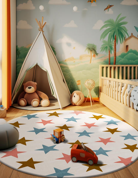 Multicolor 3' 1 x 3' 1 Whimsy Kids Round Area Rug for Baby Nursery, Toddler Playroom,  Bedrooms Playful Fun Design Easy Clean Carpet for Sale at Rug Engine