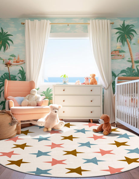 Multicolor 3' 1 x 3' 1 Whimsy Kids Round Area Rug for Baby Nursery, Toddler Playroom,  Bedrooms Playful Fun Design Easy Clean Carpet for Sale at Rug Engine