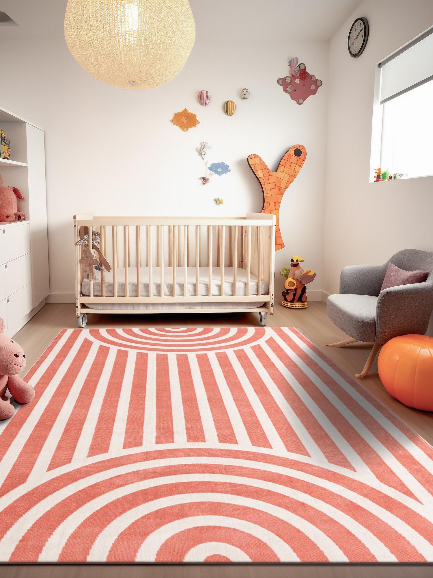 Soft Coral Pink 6' 1 x 9' Whimsy Kids Rectangle Area Rug for Baby Nursery, Toddler Playroom,  Bedrooms Playful Fun Design Easy Clean Carpet for Sale at Rug Engine