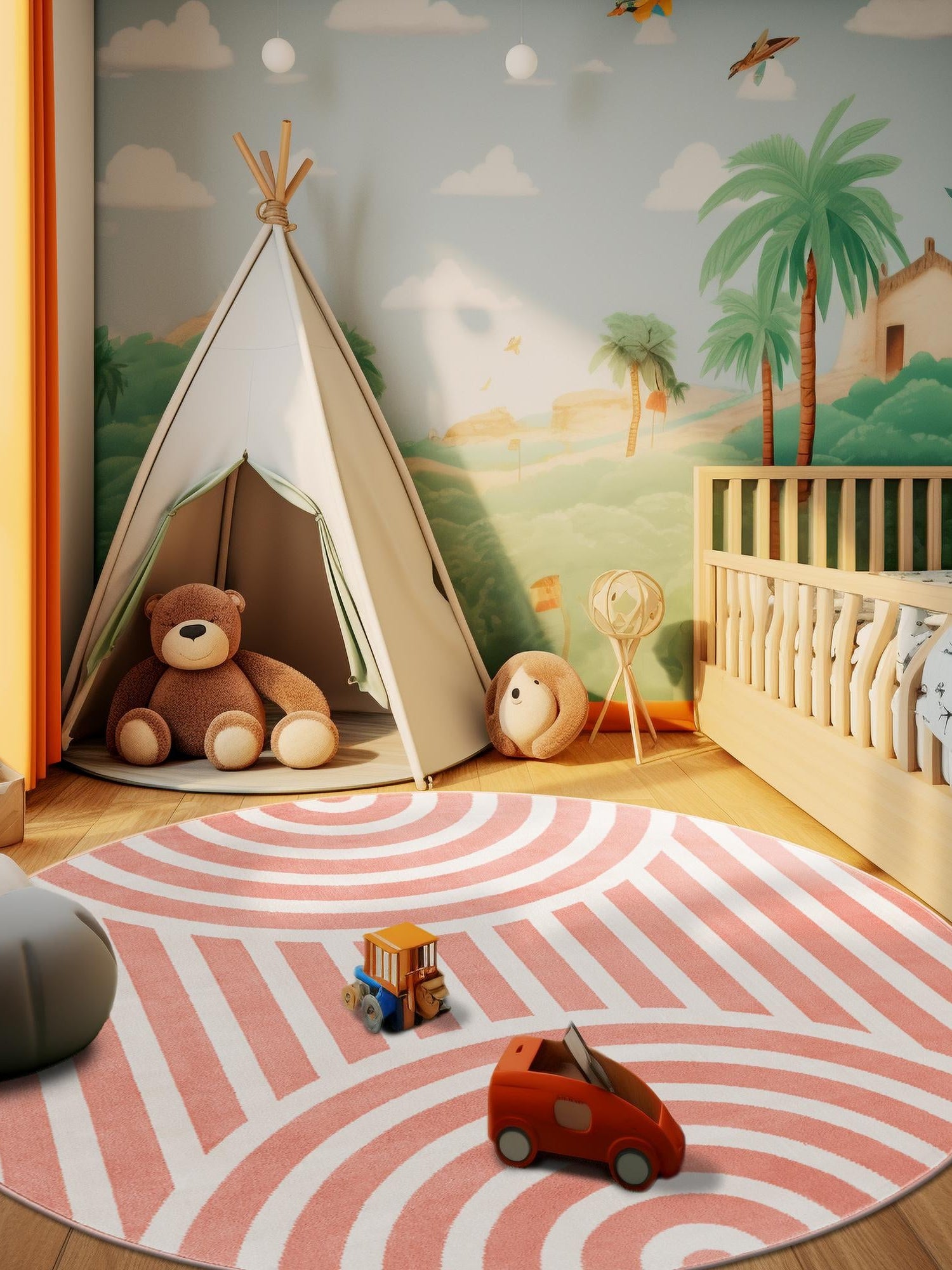 Soft Coral Pink 7' 10 x 7' 10 Whimsy Kids Round Area Rug for Baby Nursery, Toddler Playroom, Bedrooms