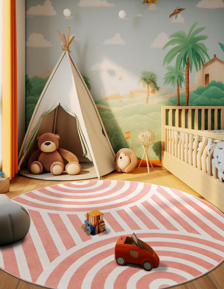Soft Coral Pink 7' 10 x 7' 10 Whimsy Kids Round Area Rug for Baby Nursery, Toddler Playroom,  Bedrooms Playful Fun Design Easy Clean Carpet for Sale at Rug Engine