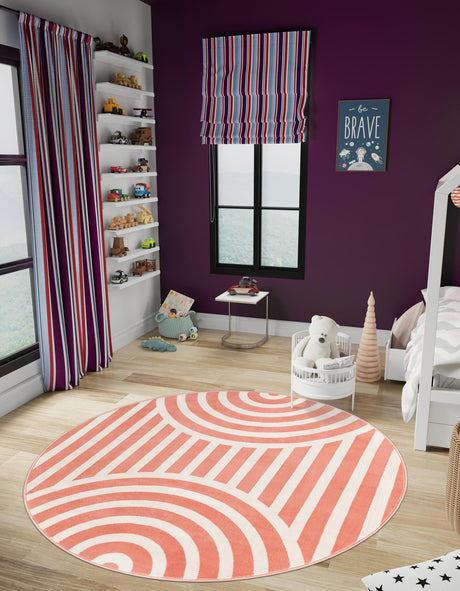 Soft Coral Pink 7' 10 x 7' 10 Whimsy Kids Round Area Rug for Baby Nursery, Toddler Playroom,  Bedrooms Playful Fun Design Easy Clean Carpet for Sale at Rug Engine