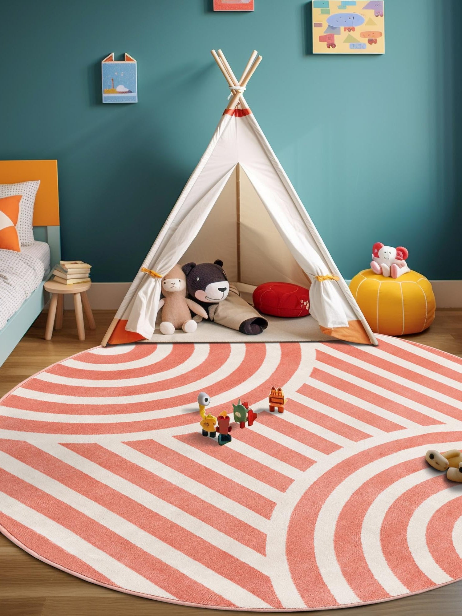 Soft Coral Pink 3' 1 x 3' 1 Whimsy Kids Round Area Rug for Baby Nursery, Toddler Playroom, Bedrooms