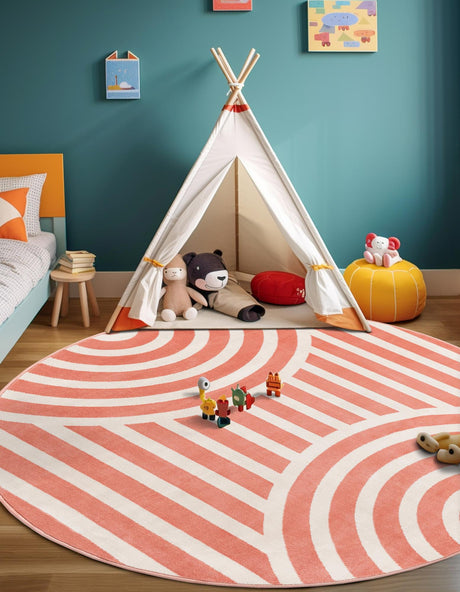 Soft Coral Pink 7' 10 x 7' 10 Whimsy Kids Round Area Rug for Baby Nursery, Toddler Playroom,  Bedrooms Playful Fun Design Easy Clean Carpet for Sale at Rug Engine