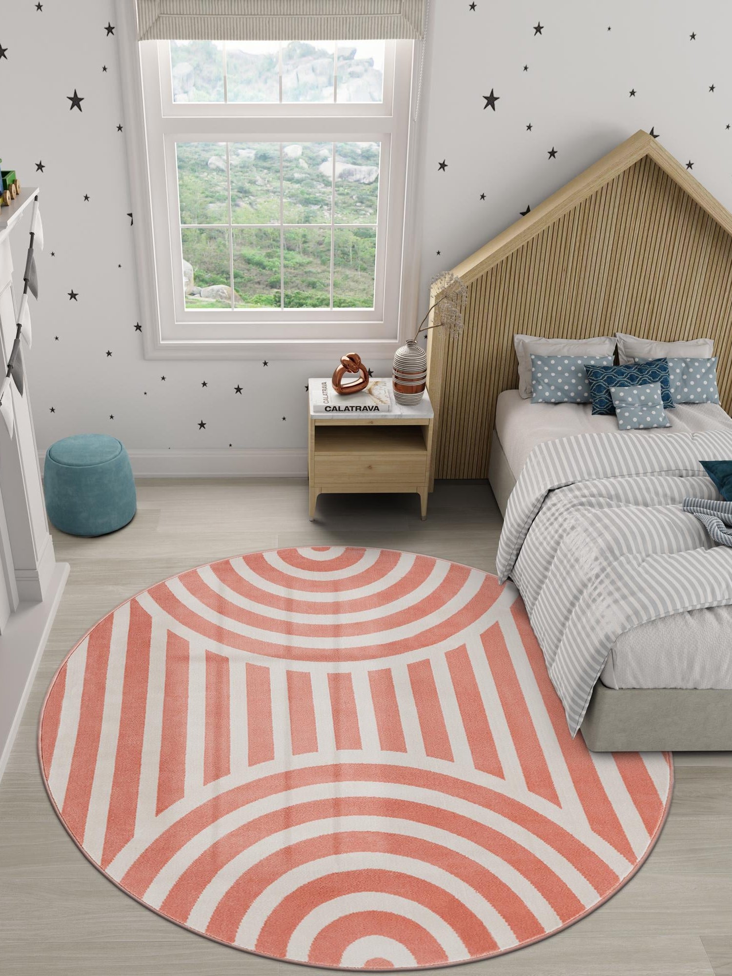 Soft Coral Pink 7' 10 x 7' 10 Whimsy Kids Round Area Rug for Baby Nursery, Toddler Playroom, Bedrooms