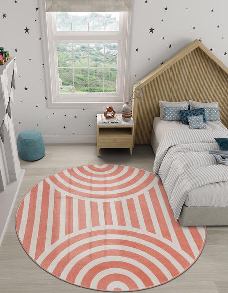 Soft Coral Pink 7' 10 x 7' 10 Whimsy Kids Round Area Rug for Baby Nursery, Toddler Playroom,  Bedrooms Playful Fun Design Easy Clean Carpet for Sale at Rug Engine