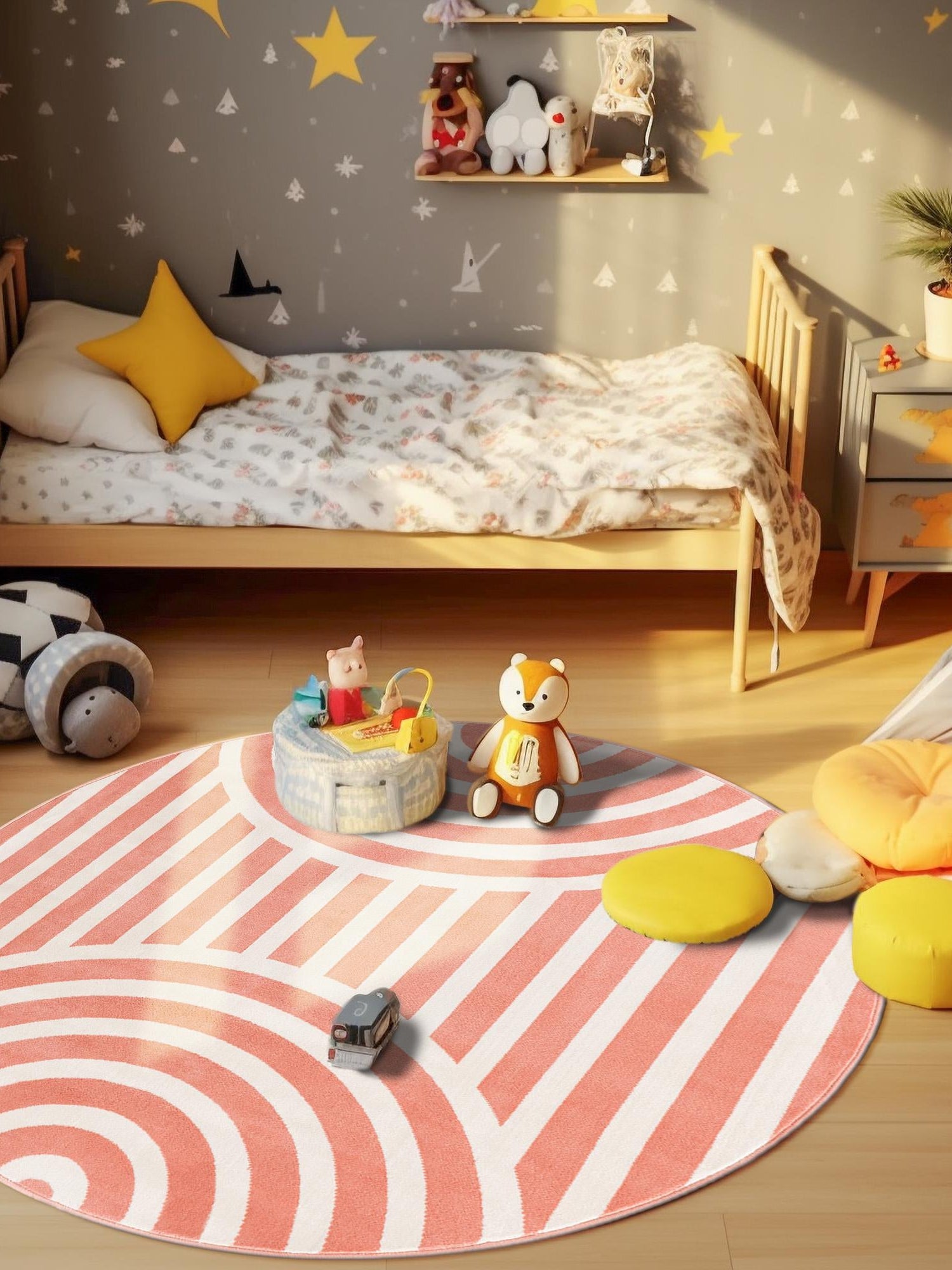 Soft Coral Pink 7' 10 x 7' 10 Whimsy Kids Round Area Rug for Baby Nursery, Toddler Playroom, Bedrooms