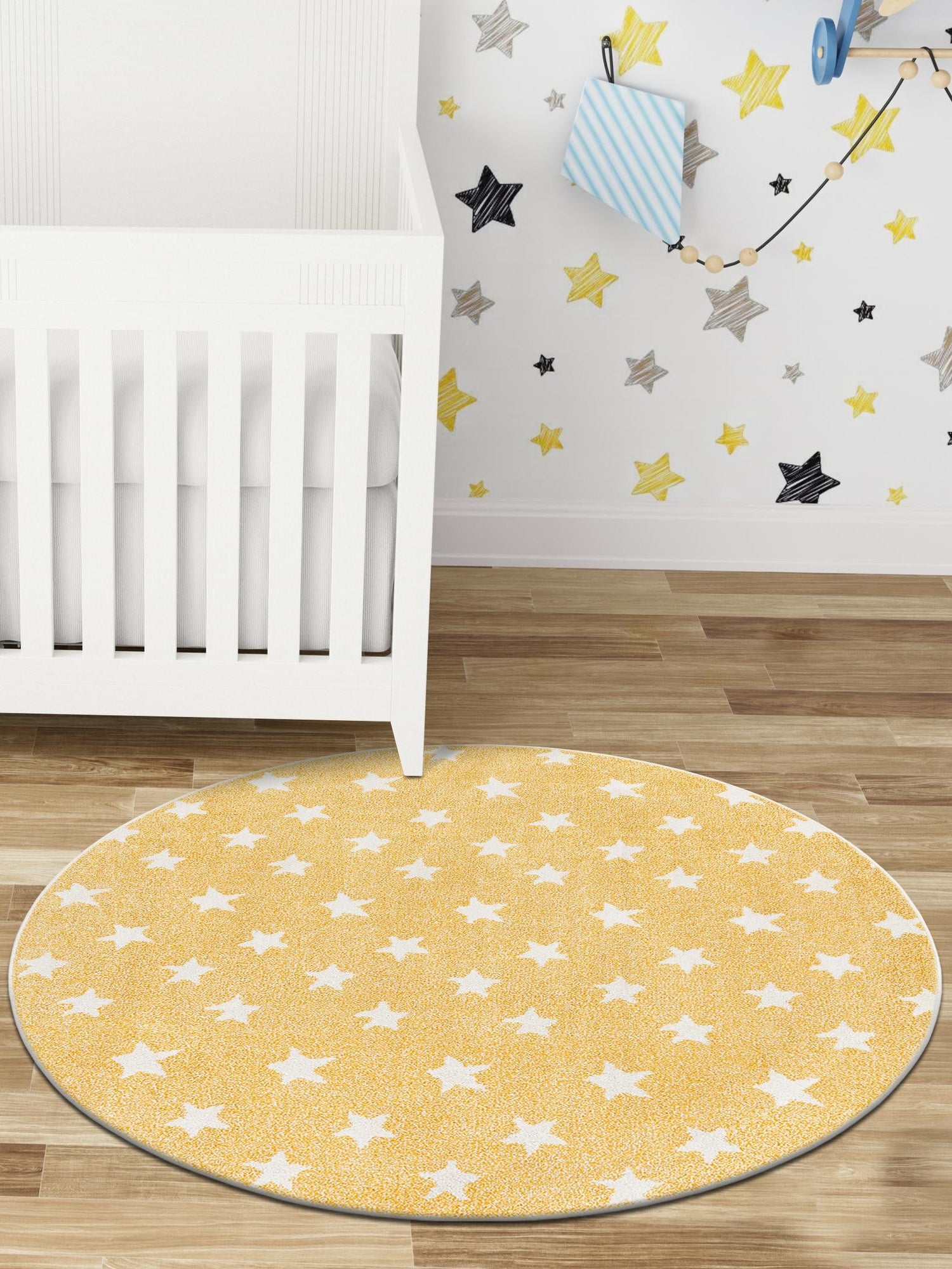 Soft Yellow 7' 10 x 7' 10 Whimsy Kids Round Area Rug for Baby Nursery, Toddler Playroom, Bedrooms