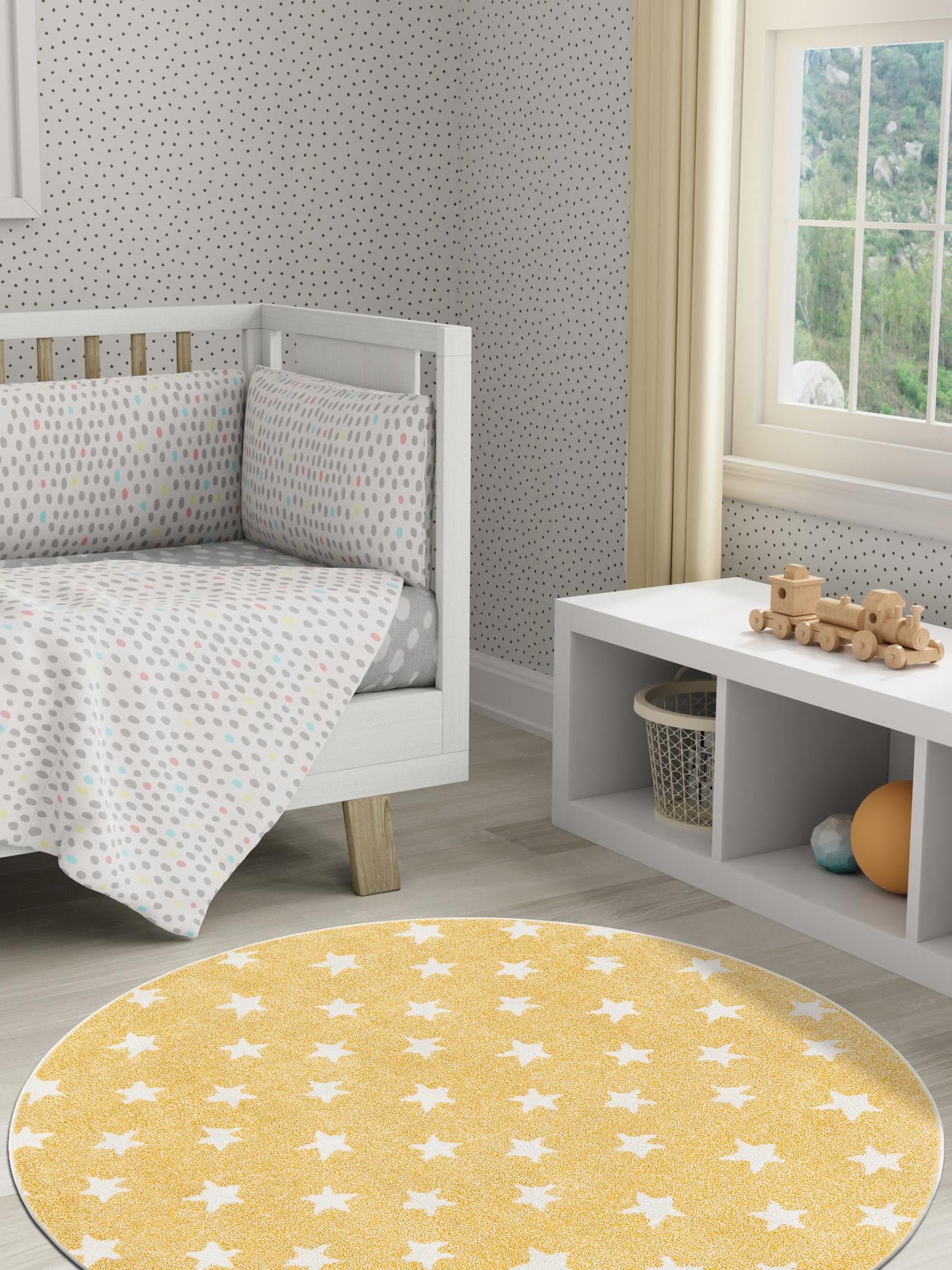 Soft Yellow 5' 1 x 5' 1 Whimsy Kids Round Area Rug for Baby Nursery, Toddler Playroom, Bedrooms