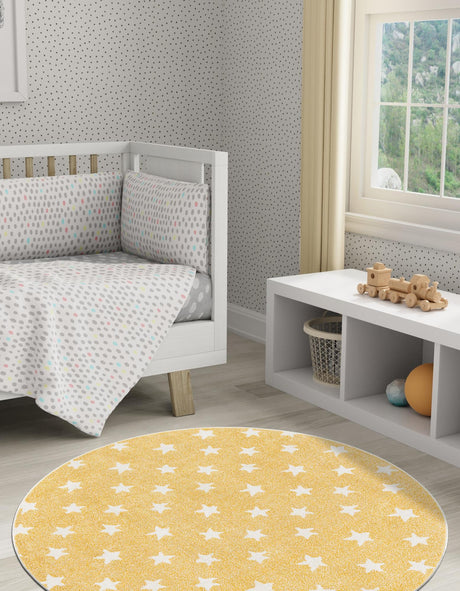 Soft Yellow 6' 1 x 6' 1 Whimsy Kids Round Area Rug for Baby Nursery, Toddler Playroom,  Bedrooms Playful Fun Design Easy Clean Carpet for Sale at Rug Engine