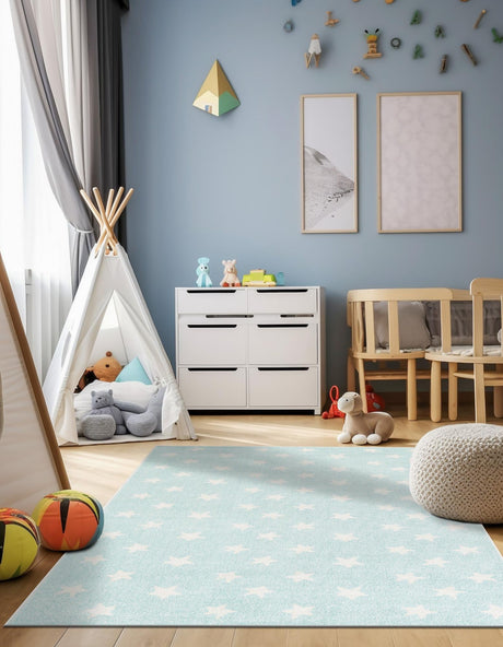 Clear Blue 4' 1 x 6' 1 Whimsy Kids Rectangle Area Rug for Baby Nursery, Toddler Playroom,  Bedrooms Playful Fun Design Easy Clean Carpet for Sale at Rug Engine