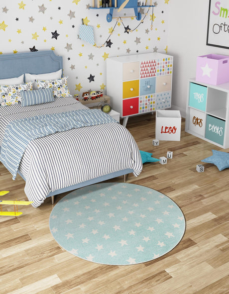 Clear Blue 7' 10 x 7' 10 Whimsy Kids Round Area Rug for Baby Nursery, Toddler Playroom,  Bedrooms Playful Fun Design Easy Clean Carpet for Sale at Rug Engine