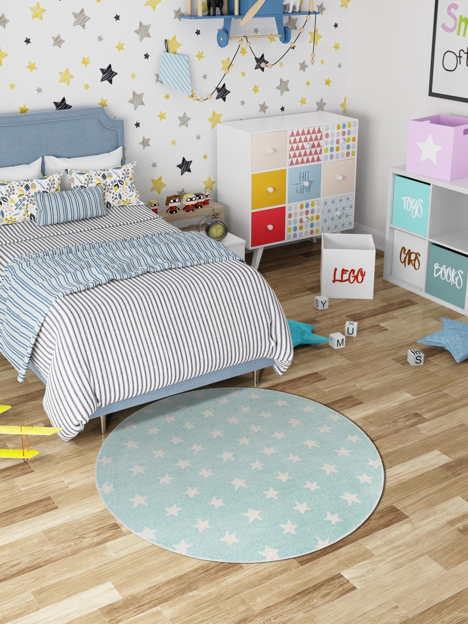 Clear Blue 2' 2 x 2' 2 Whimsy Kids Round Area Rug for Baby Nursery, Toddler Playroom, Bedrooms