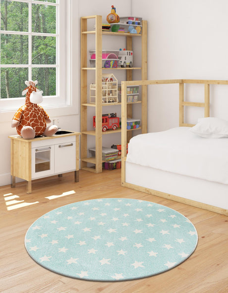 Clear Blue 2' 2 x 2' 2 Whimsy Kids Round Area Rug for Baby Nursery, Toddler Playroom,  Bedrooms Playful Fun Design Easy Clean Carpet for Sale at Rug Engine