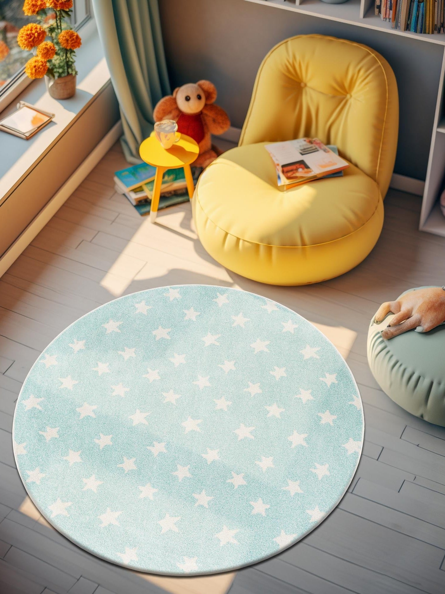 Clear Blue 6' 1 x 6' 1 Whimsy Kids Round Area Rug for Baby Nursery, Toddler Playroom, Bedrooms