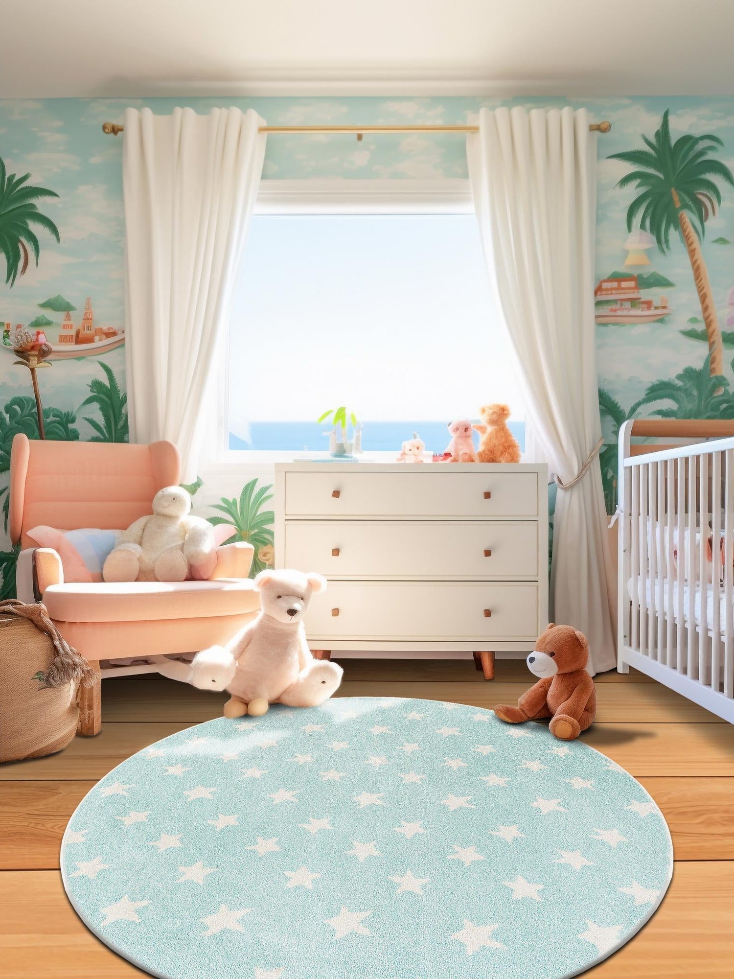 Clear Blue 3' 3 x 3' 3 Whimsy Kids Round Area Rug for Baby Nursery, Toddler Playroom, Bedrooms