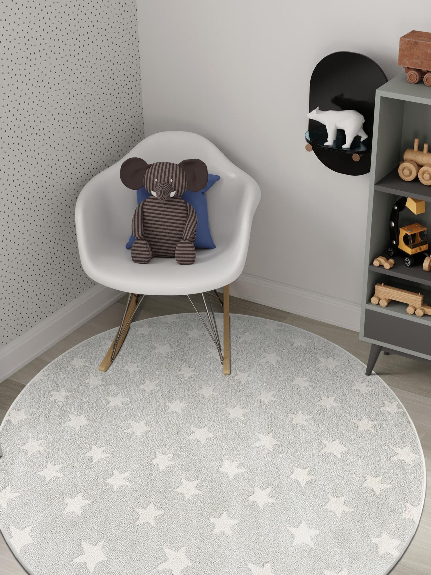 Cloud Gray 6' 1 x 6' 1 Whimsy Kids Round Area Rug for Baby Nursery, Toddler Playroom, Bedrooms