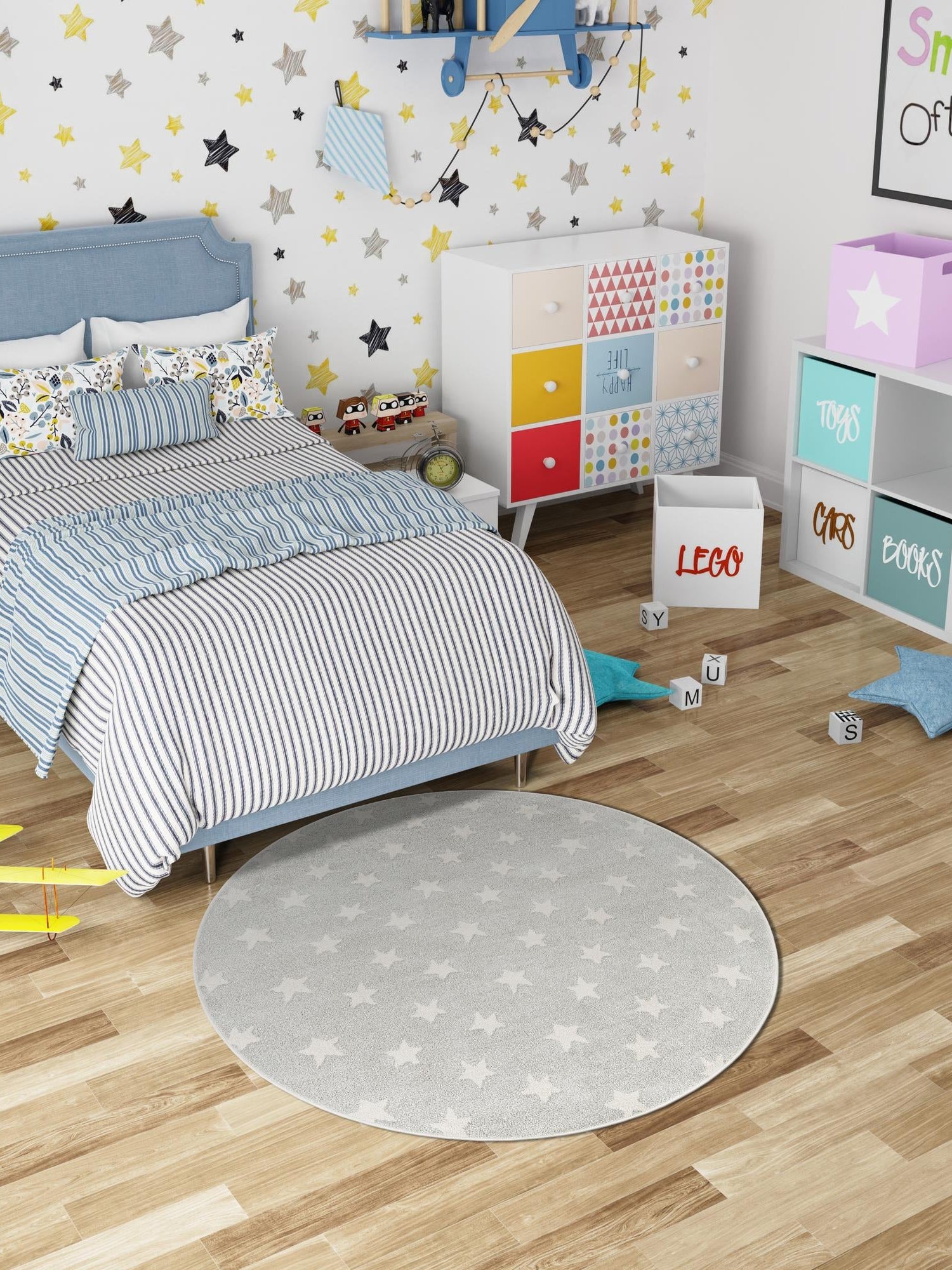 Cloud Gray 7' 10 x 7' 10 Whimsy Kids Round Area Rug for Baby Nursery, Toddler Playroom, Bedrooms