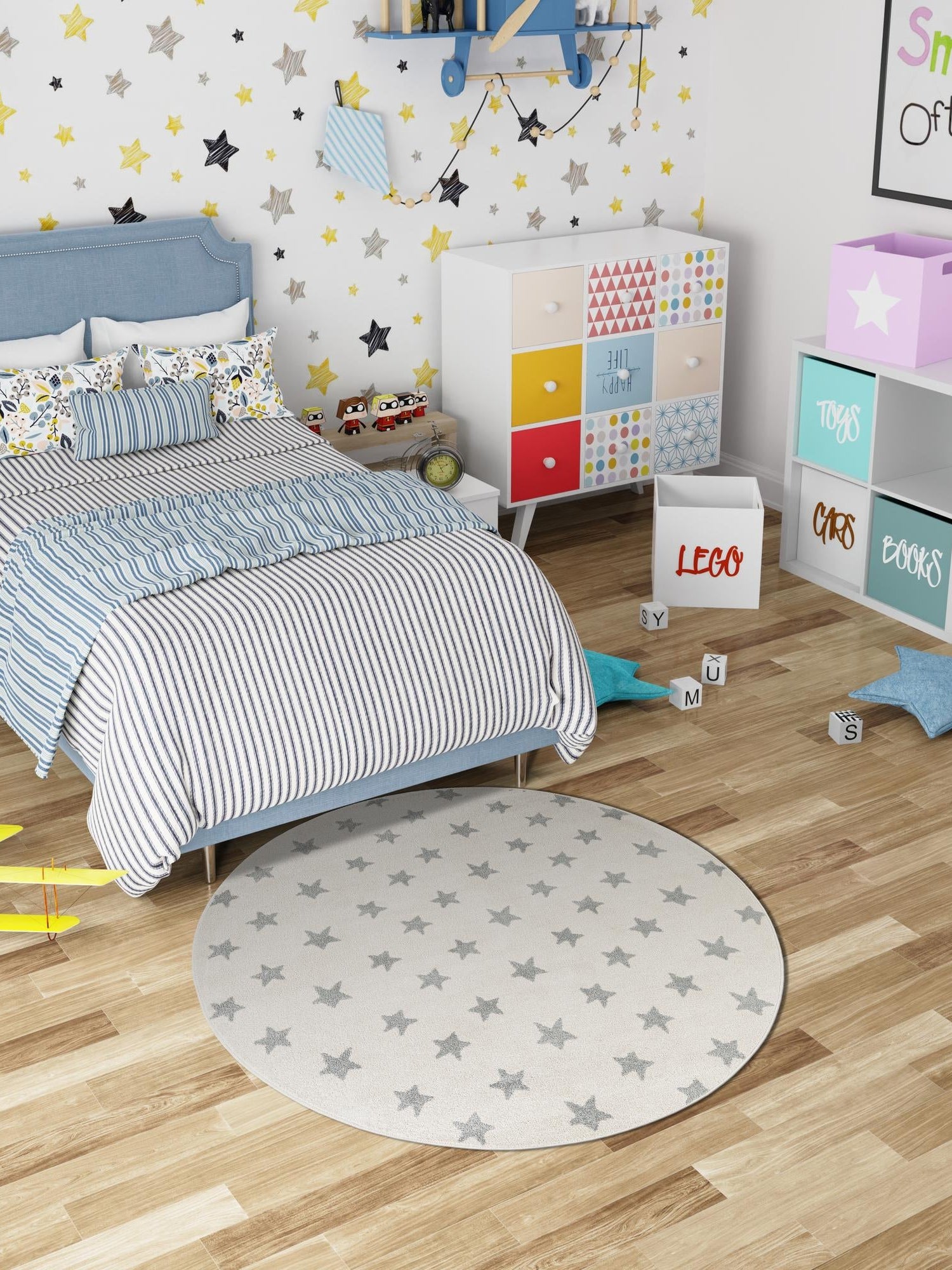 Daisy White 6' 1 x 6' 1 Whimsy Kids Round Area Rug for Baby Nursery, Toddler Playroom, Bedrooms