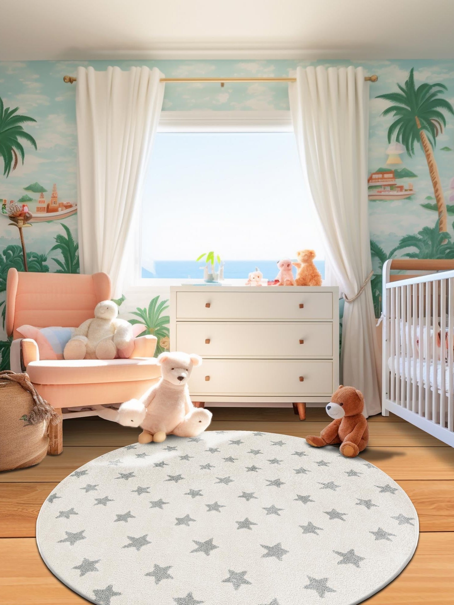 Daisy White 6' 1 x 6' 1 Whimsy Kids Round Area Rug for Baby Nursery, Toddler Playroom, Bedrooms