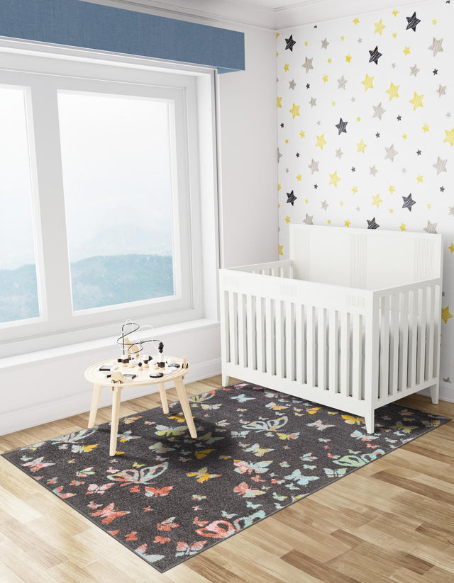 Charcoal Gray 7' 10 x 10' Whimsy Kids Rectangle Area Rug for Baby Nursery, Toddler Playroom, Bedrooms