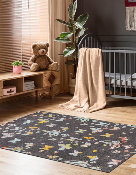 Charcoal Gray 4' 1 x 6' 1 Whimsy Kids Rectangle Area Rug for Baby Nursery, Toddler Playroom,  Bedrooms Playful Fun Design Easy Clean Carpet for Sale at Rug Engine
