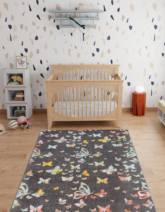 Charcoal Gray 7' 10 x 10' Whimsy Kids Rectangle Area Rug for Baby Nursery, Toddler Playroom, Bedrooms