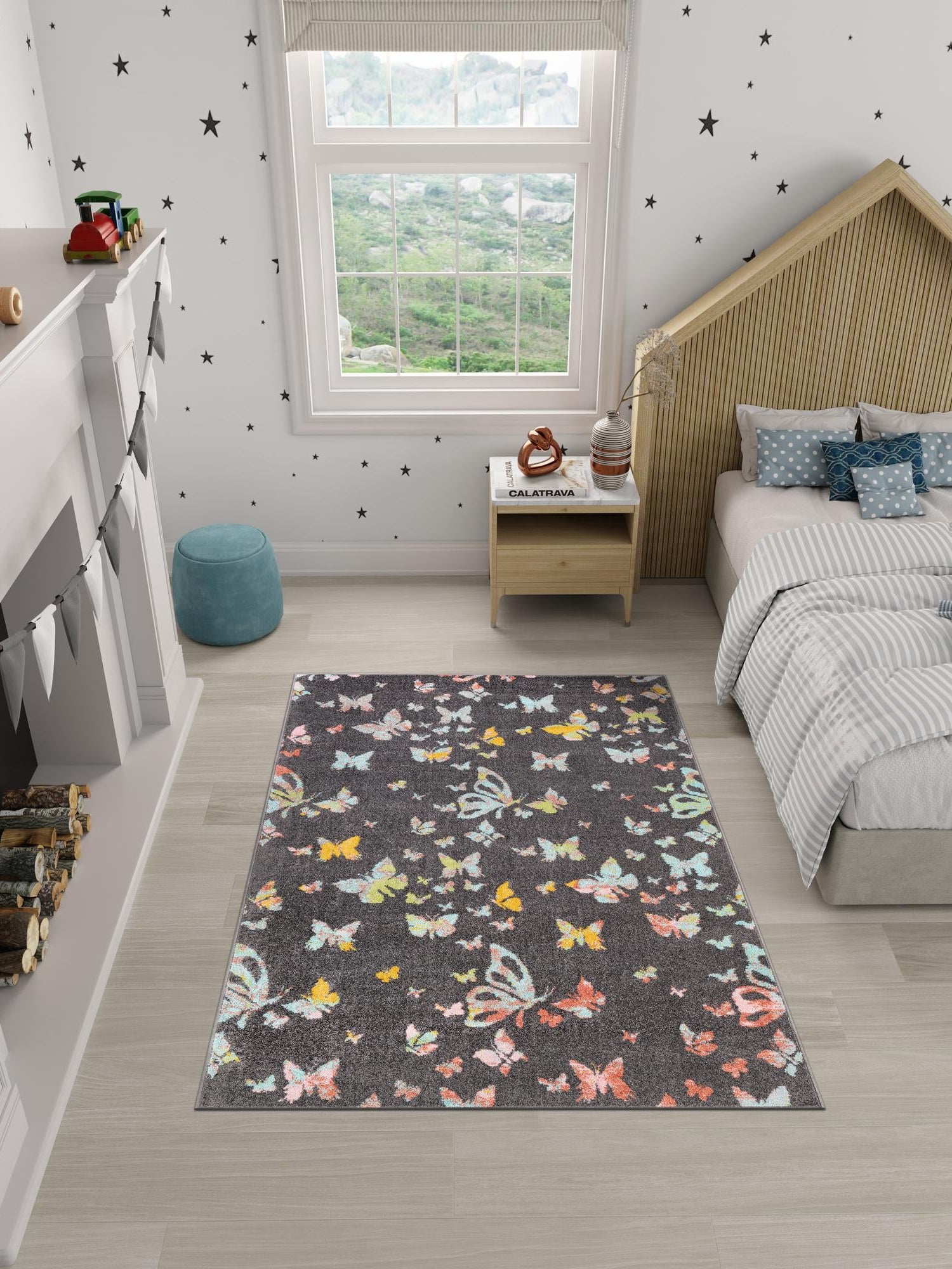 Charcoal Gray 4' 1 x 6' 1 Whimsy Kids Rectangle Area Rug for Baby Nursery, Toddler Playroom,  Bedrooms Playful Fun Design Easy Clean Carpet for Sale at Rug Engine