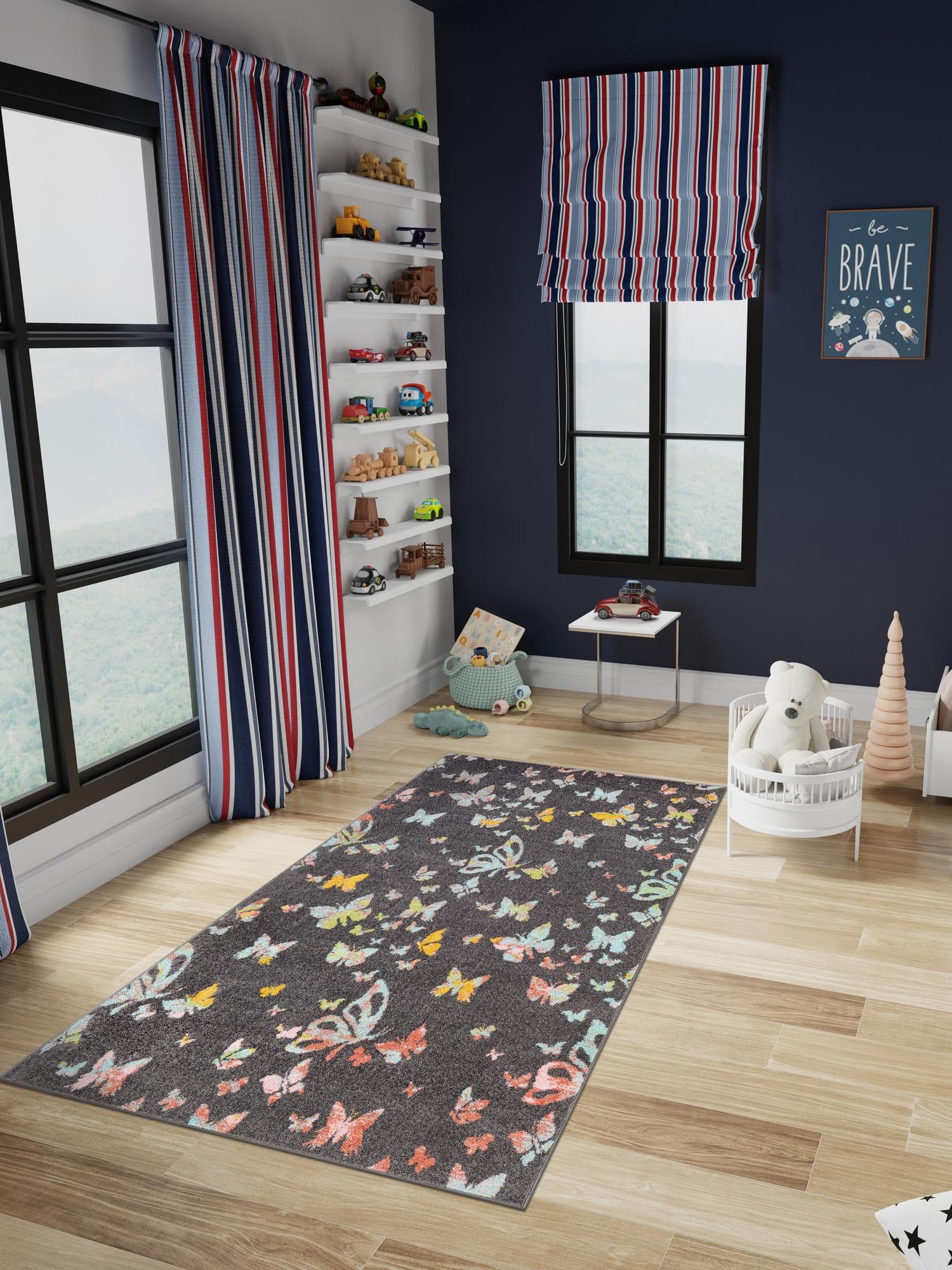 Charcoal Gray 4' 1 x 6' 1 Whimsy Kids Rectangle Area Rug for Baby Nursery, Toddler Playroom,  Bedrooms Playful Fun Design Easy Clean Carpet for Sale at Rug Engine
