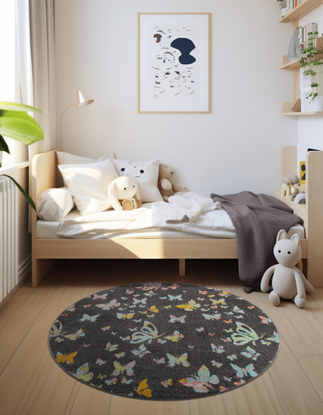 Charcoal Gray 2' 2 x 2' 2 Whimsy Kids Round Area Rug for Baby Nursery, Toddler Playroom, Bedrooms