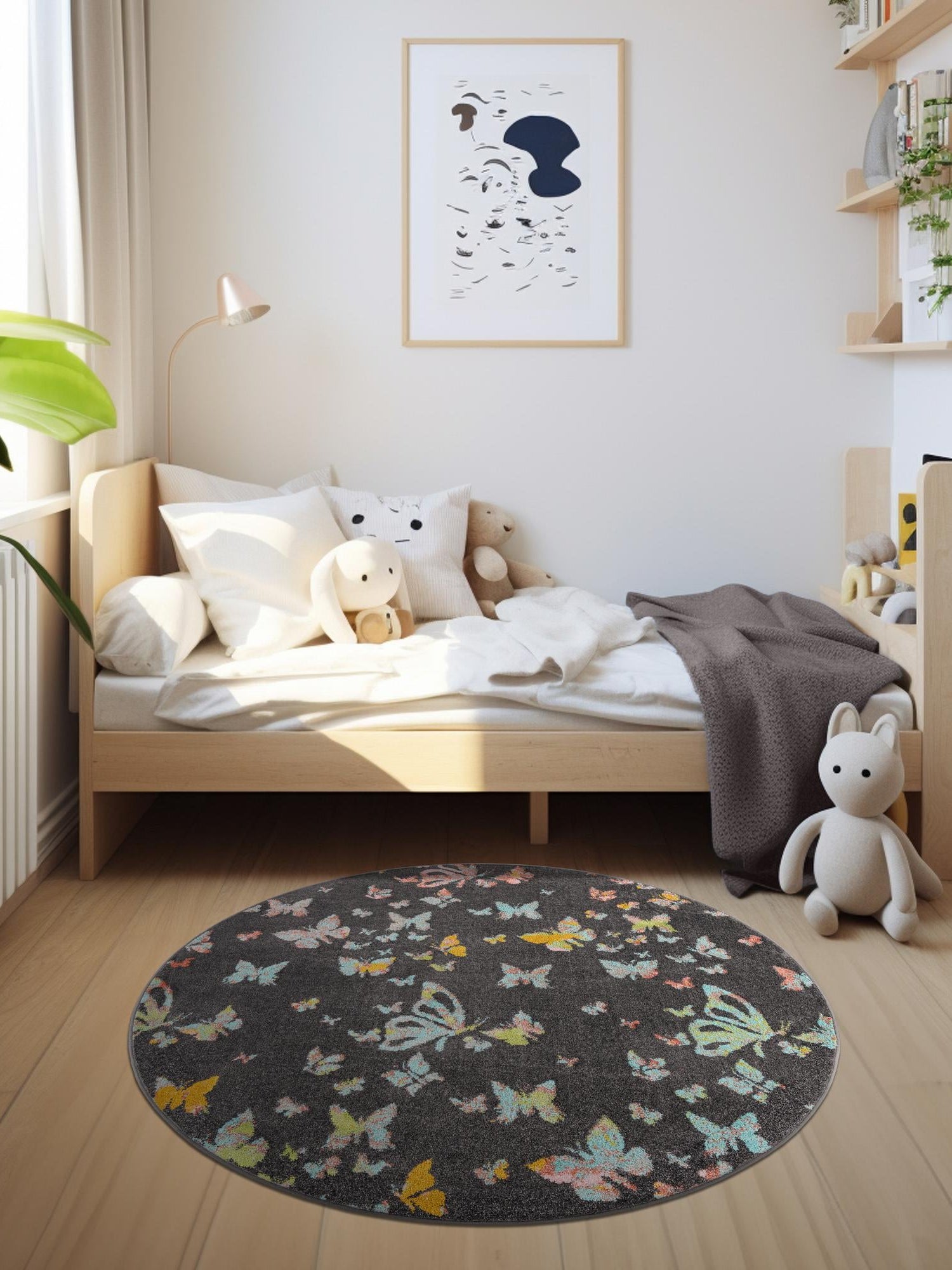 Charcoal Gray 6' 1 x 6' 1 Whimsy Kids Round Area Rug for Baby Nursery, Toddler Playroom, Bedrooms