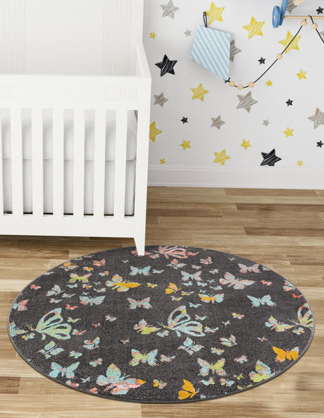 Charcoal Gray 2' 2 x 2' 2 Whimsy Kids Round Area Rug for Baby Nursery, Toddler Playroom, Bedrooms