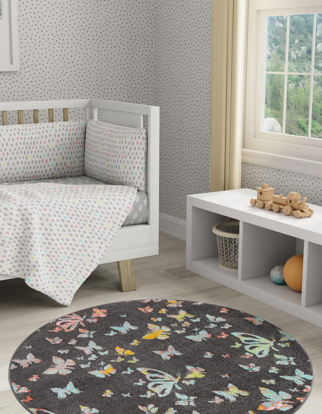 Charcoal Gray 6' 1 x 6' 1 Whimsy Kids Round Area Rug for Baby Nursery, Toddler Playroom,  Bedrooms Playful Fun Design Easy Clean Carpet for Sale at Rug Engine